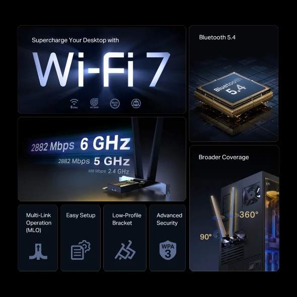 محول تي بي-لينك آرتشر TBE400E BE6500، واي فاي 7، بلوتوث 5.4، PCIe، بسرعة 2882 ميجابت في الثانية بتردد 5 جيجاهرتز، PCIe