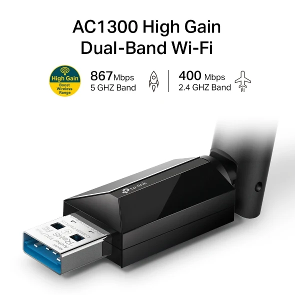 محول تي بي-لينك آرتشر T3U بلس AC1300 لاسلكي ثنائي النطاق عالي الكسب، يو إس بي