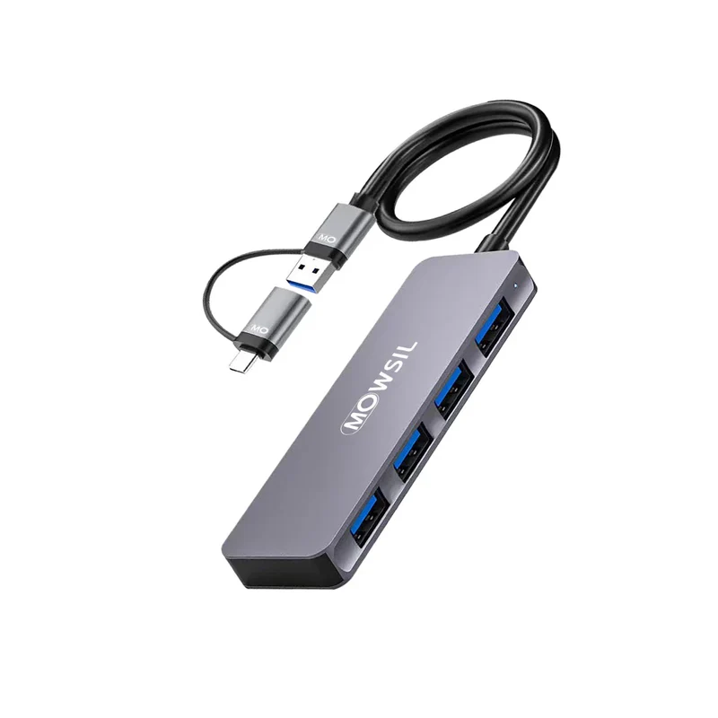 Mowsil 4-Port USB 3.0 Hub - 5Gbps / USB-C / USB-A / Silver