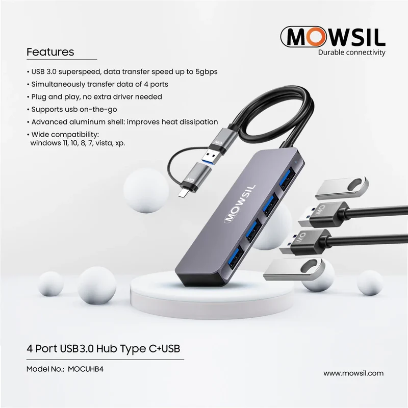 Mowsil 4-Port USB 3.0 Hub - 5Gbps / USB-C / USB-A / Silver