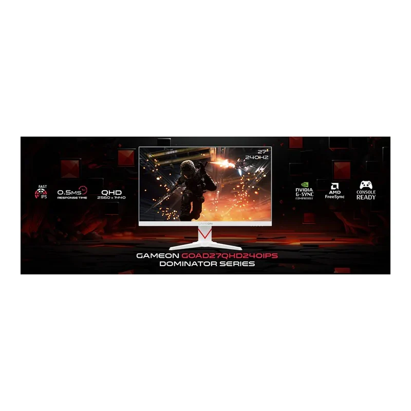شاشة ألعاب جيم أون GOAD27QHD240IPS من سلسلة دوميناتور – مقاس 27 بوصة QHD – تردد 240 هرتز / زمن استجابة 0.5 مللي ثانية / ديسبلاي بورت / HDMI / أبيض