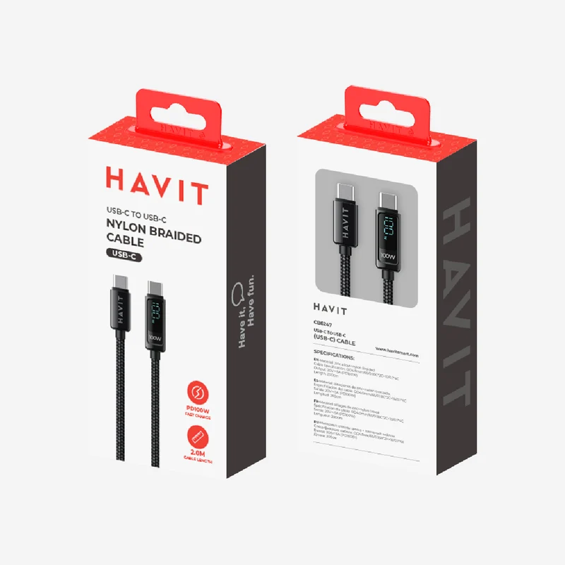 كابل شحن هافيت CB6247 - ‏100 واط / طول 2 متر / سرعة 480 ميجابت/ثانية / USB-C / أسود