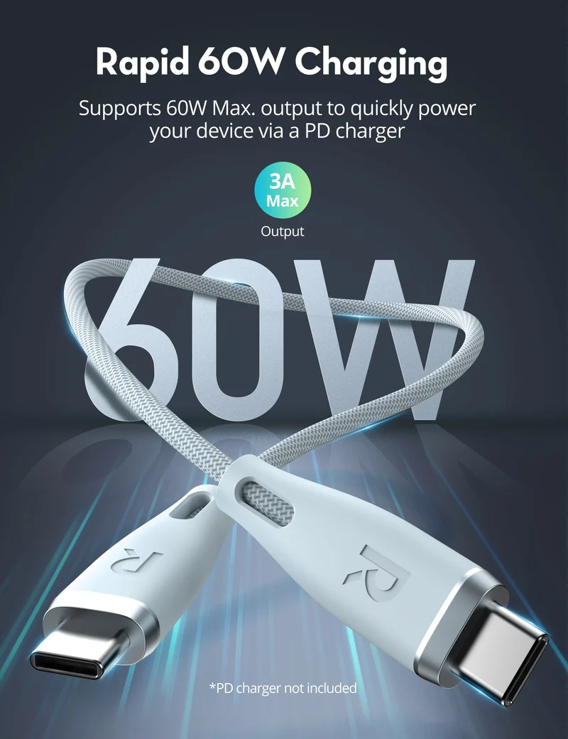 RAVPower RP-CB1037 USB-C Cable - 60W / 1.2 Meter / 3A / Light Blue