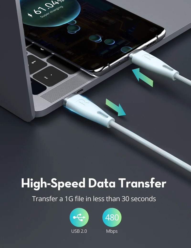 RAVPower RP-CB1037 USB-C Cable - 60W / 1.2 Meter / 3A / Light Blue