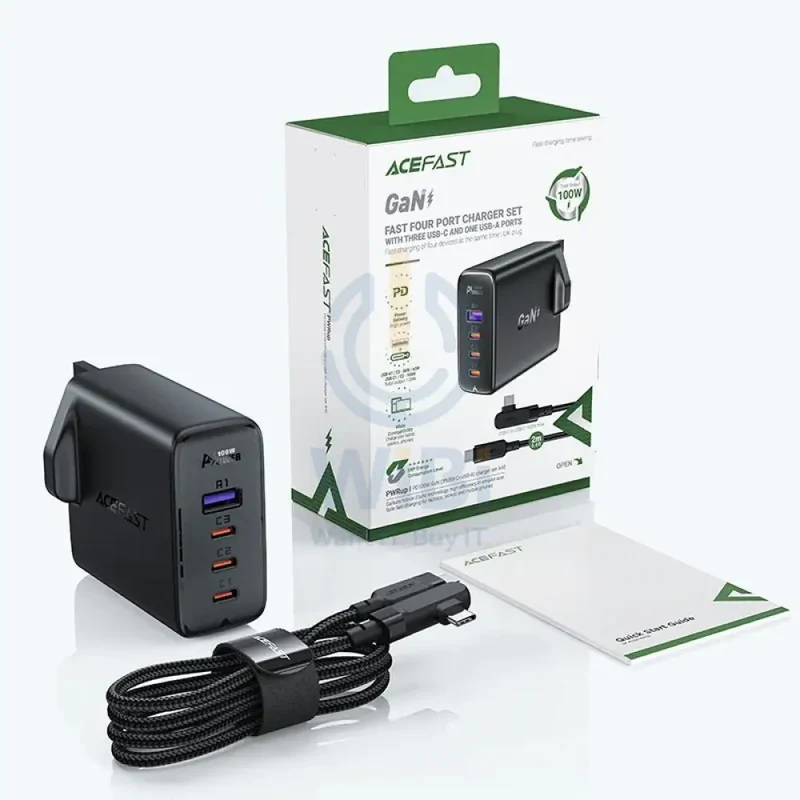 ACEFAST Fast Charge Wall Charger A40 PD100W GaN (3*USB-C+USB-A) charger set (UK) - Black