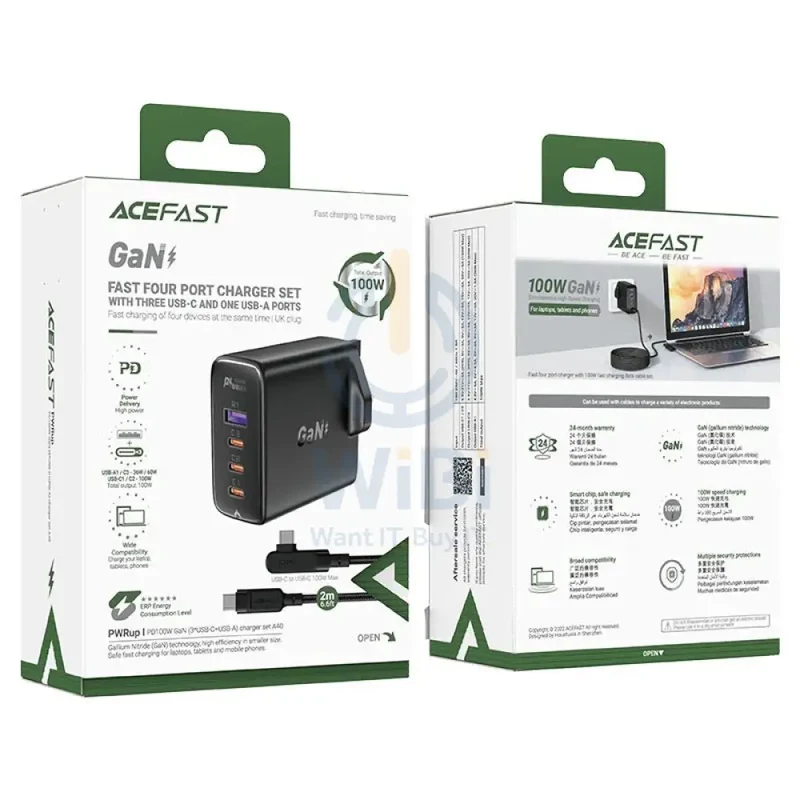 ACEFAST Fast Charge Wall Charger A40 PD100W GaN (3*USB-C+USB-A) charger set (UK) - Black