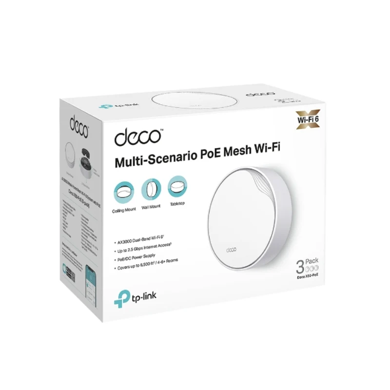 نظام شبكة واي فاي 6 ميش تي بي لينك (Deco X50-PoE) ‏AX3000 لتغطية المنزل بالكامل مع تقنية PoE - سرعة 2402 ميجابت/ثانية (5 جيجاهرتز) / منفذان بسرعة 2.5 جيجابت/ثانية