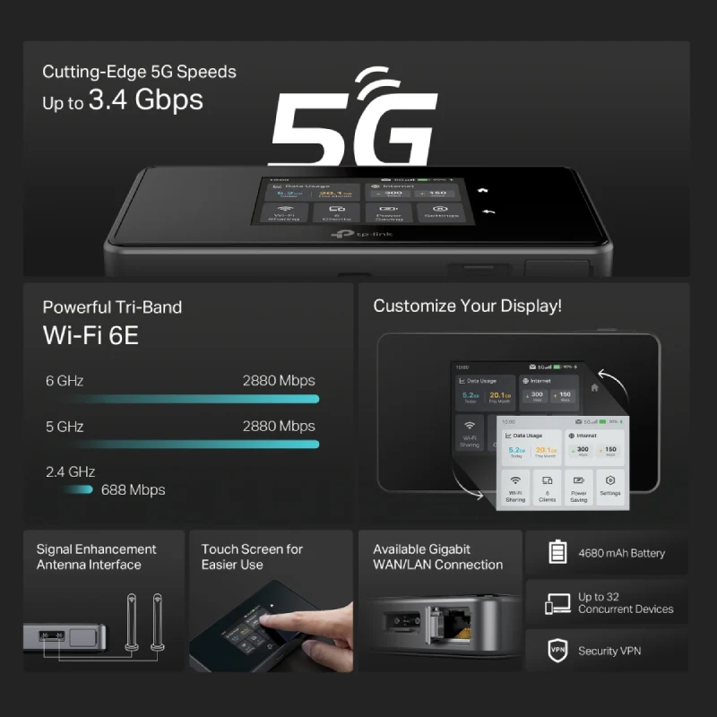 راوتر تي بي لينك M8550 موبايل واي فاي 5G - 5G / بطارية 4680 مللي أمبير ساعة / أسود