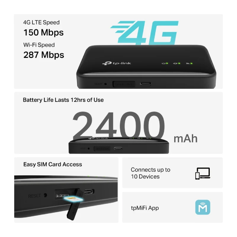 راوتر تي بي لينك M7005 موبايل واي فاي 4G LTE - 2.4 جيجاهرتز / أسود
