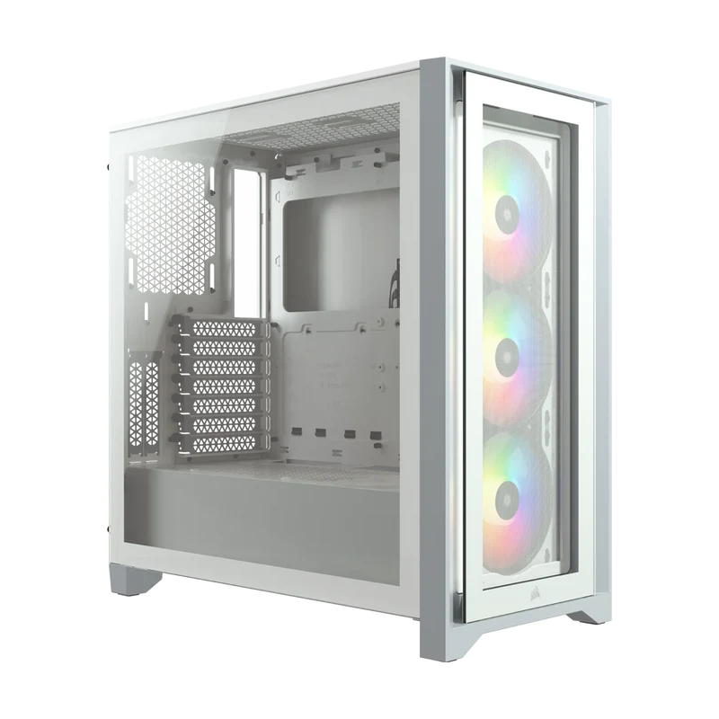 كيس كمبيوتر كورسير آي كيو 4000X RGB تاور متوسط، باللون الأبيض.
