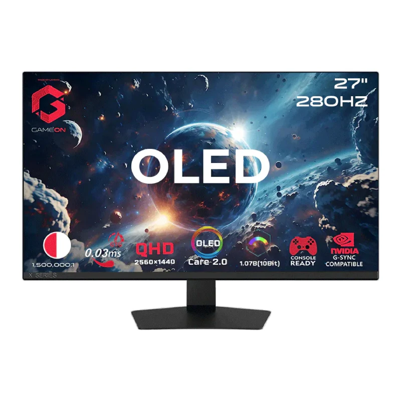 شاشة ألعاب جيم أون GO27QDOLD280 من سلسلة سيجنتشر X، مقاس 27 بوصة OLED، تردد تحديث 280 هرتز، زمن استجابة 0.03 مللي ثانية، ديسبلاي بورت، HDMI، مخرج صوت، باللون الأسود