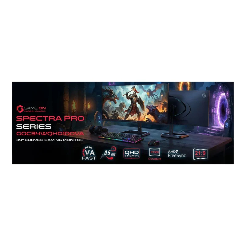 GameOn GOC34WQHD100VA Spectra Pro Series Gaming Monitor - 34" WQHD / 100Hz / 0.5ms / DisplayPort / HDMI / Audio Out - Black