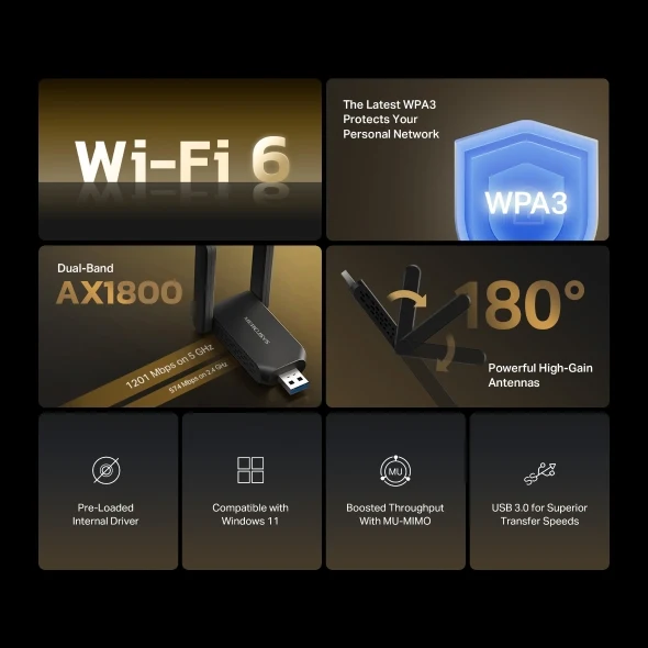 محول واي فاي USB ميركوسيس MA72XH، AX1800، ثنائي النطاق، كسب عالي