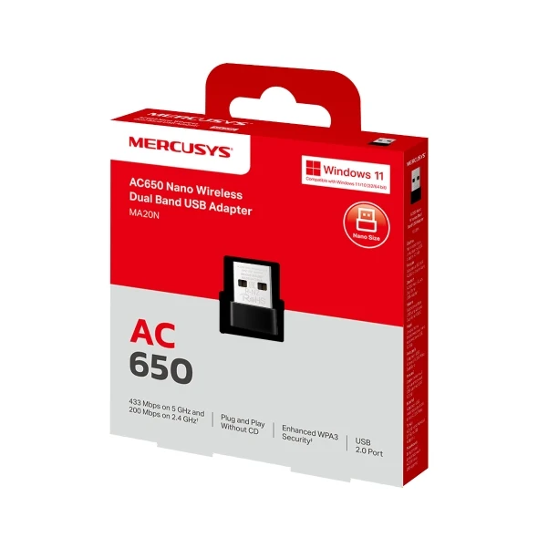 محول USB لاسلكي ثنائي النطاق ميركوسيس MA20N - AC650 نانو