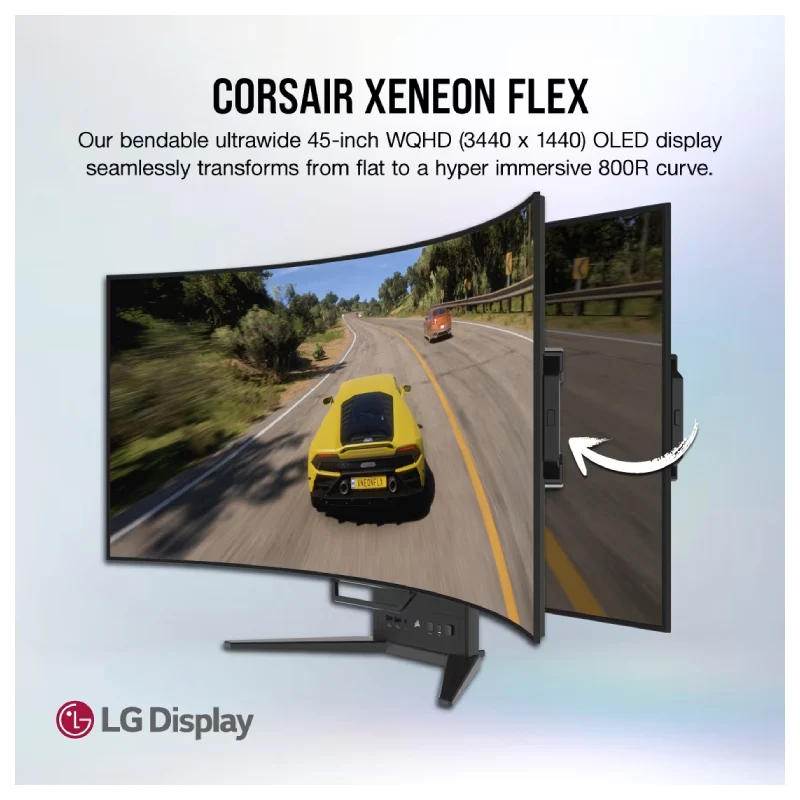 شاشة ألعاب كورسير زينيون فليكس القابلة للانحناء، حجم 45 بوصة OLED / زمن استجابة 0.03 مللي ثانية / تردد 240 هرتز / إتش دي إم آي 2.1 / ديسبلاي بورت 1.4 / يو إس بي سي