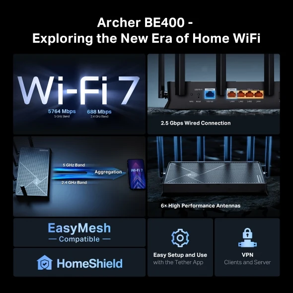 راوتر تي بي لينك (Archer BE400) ‏BE6500 ثنائي النطاق واي فاي 7 - 6.5 جيجابت/ثانية ثنائي النطاق / اتصال سلكي 2.5G / أسود