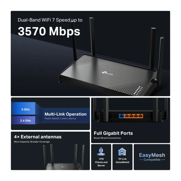 TP-Link (Archer BE220) BE3600 Dual-Band Wi-Fi 7 Router - 3.6 Gbps Dual-Band / WAN/LAN / Black