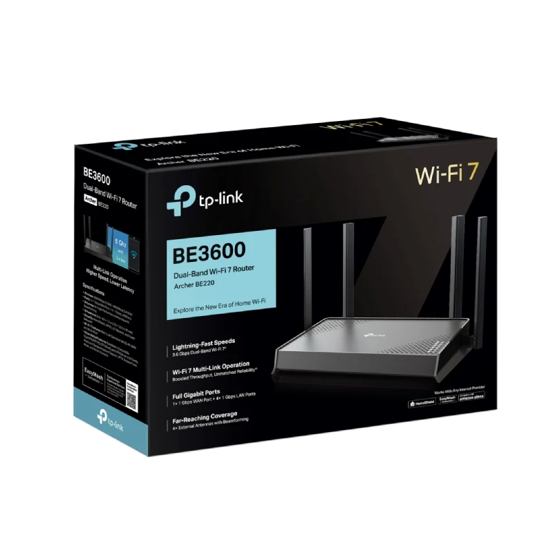 TP-Link (Archer BE220) BE3600 Dual-Band Wi-Fi 7 Router - 3.6 Gbps Dual-Band / WAN/LAN / Black