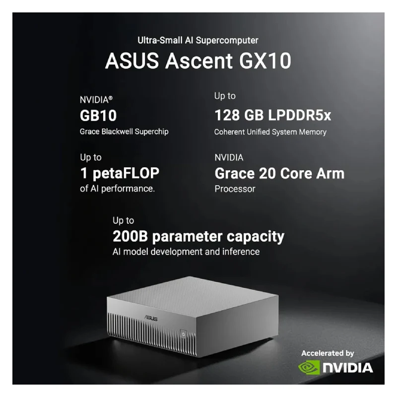 ASUS Ascent GX10 - ARM v9.2-A CPU (GB10) / 128GB / 1TB M.2 NVMe / Stellar Grey - Compact Desktop AI Supercomputer