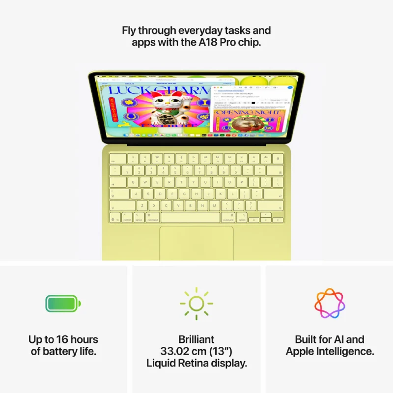 لابتوب أبل ماك بوك نيو - مقاس 13.0 بوصة / شريحة A18 برو / معالج CPU من 6 أنوية / معالج GPU من 5 أنوية / محرك عصبي من 16 نواة / ذاكرة RAM بسعة 8 جيجابايت / تخزين SSD بسعة 512 جيجابايت / لوحة مفاتيح عربية مع التعرف على البصمة / نيلي / ضمان سنة واحدة (1YW)