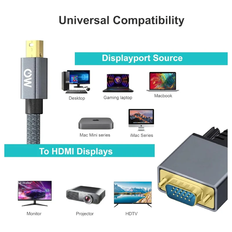 محول موسيل ميني ديسبلاي بورت إلى VGA، دقة 1080P بتردد 60 هرتز / فضي