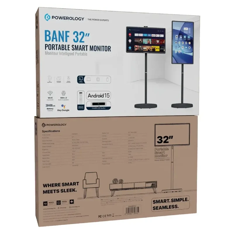 Powerology Banff Portable Smart Monitor - 32" / 38400mAh / Bluetooth / Gray