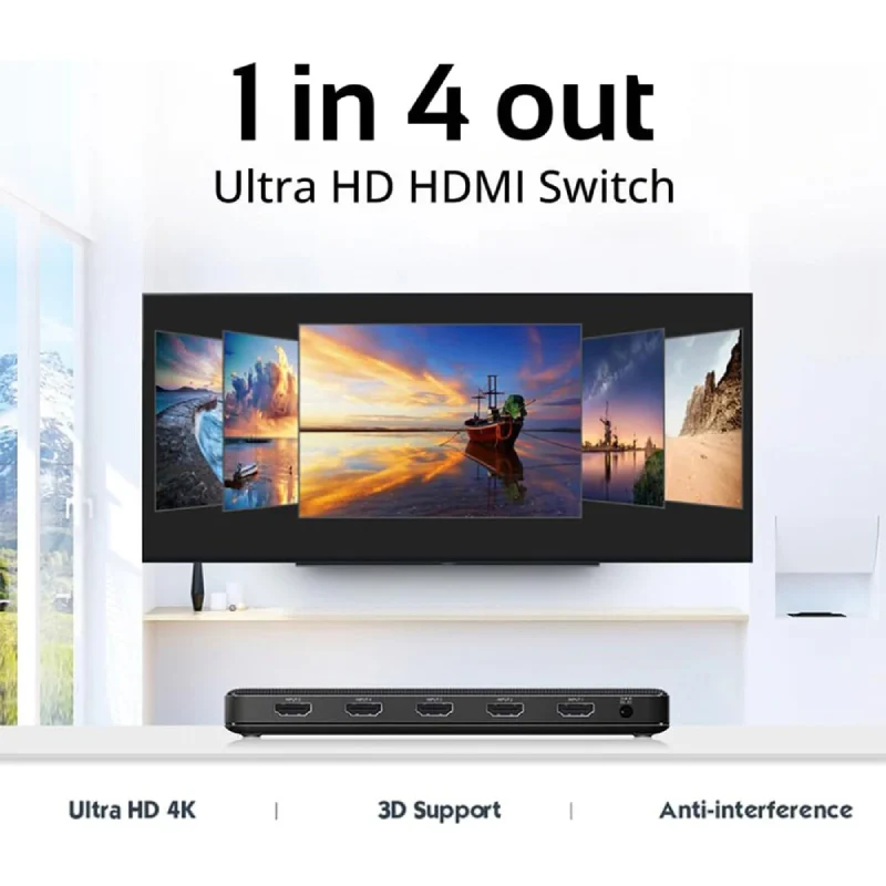 موزع HDMI من موصيل، من منفذ واحد إلى 4 منافذ، بدقة 4K وتردد 30 هرتز، باللون الأسود