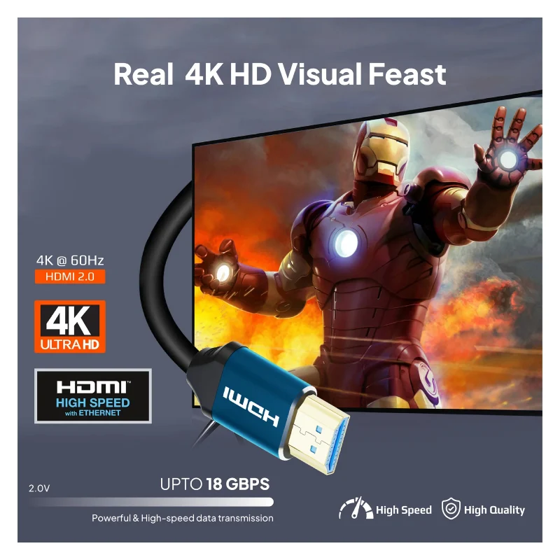 كابل موصيل HDMI 2.0، 4K بتردد 60 هرتز، بطول 10 متر، باللون الأزرق