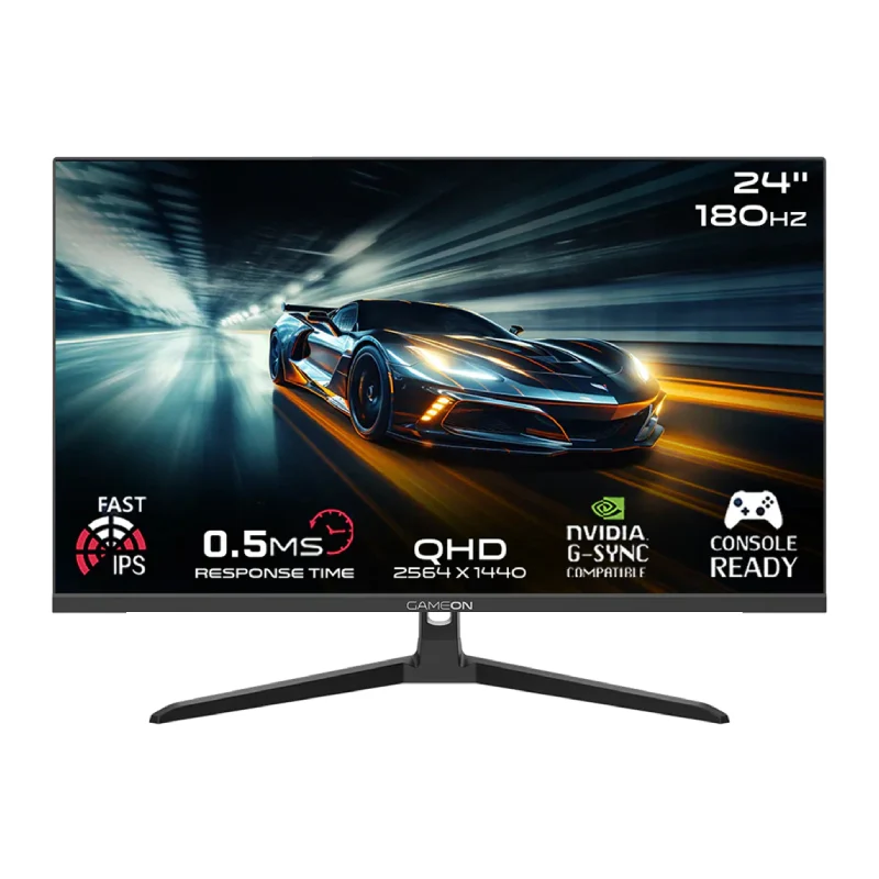 شاشة ألعاب جيم أون GOAE24QHD180IPS من سلسلة برو، مقاس 24 بوصة، QHD، تردد تحديث 180 هرتز، زمن استجابة 0.5 مللي ثانية، ديسبلاي بورت، HDMI، مخرج صوت، باللون الأسود