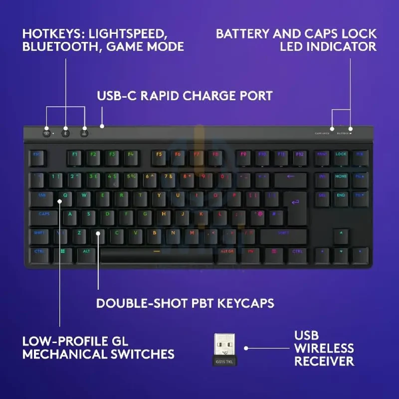 لوحة مفاتيح ألعاب ميكانيكية لوجيتك G515 لايت سبيد بدون لوحة أرقام - لاسلكية / إضاءة RGB / مفاتيح لمسية / عربي وإنجليزي / أسود