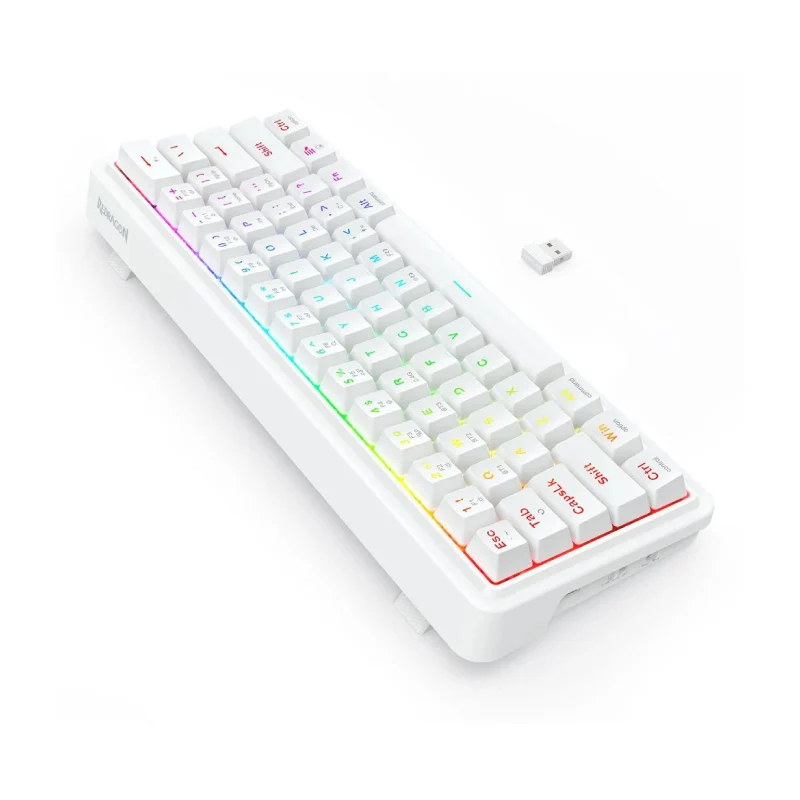 لوحة مفاتيح ميكانيكية لاسلكية ريدراجون K730W RGB برو دراكونيك V2 بيضاء بحجم 60% وتركيب بحشية - بلوتوث / سلكية / بطارية 2500 مللي أمبير ساعة / أبيض