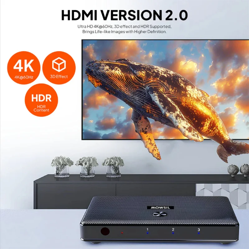 مفتاح HDMI من موصيل بثلاثة منافذ، بدقة 4K، بسرعة 18 جيجابت في الثانية، باللون الأسود