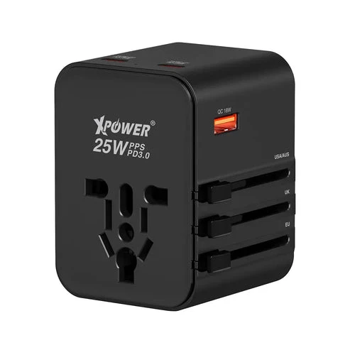 محول سفر إكس باور TA3B بأربعة مخارج - 25 واط / USB-A / USB-C / أسود