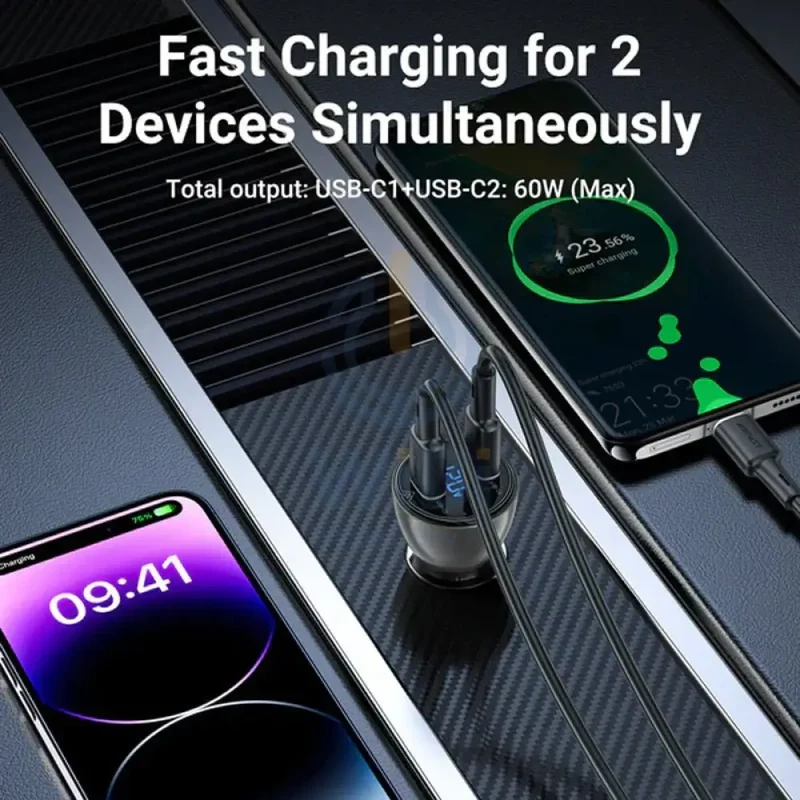ACEFAST B10 metal car charger 60W (USB-C + USB-C) with digital display - Black