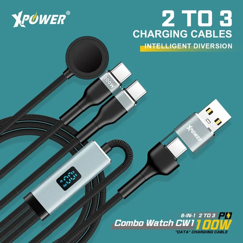 كابل شحن إكس باور 6 في 1 من سبائك الألومنيوم مع شاشة رقمية، 100 واط، 1.2 متر، أسود