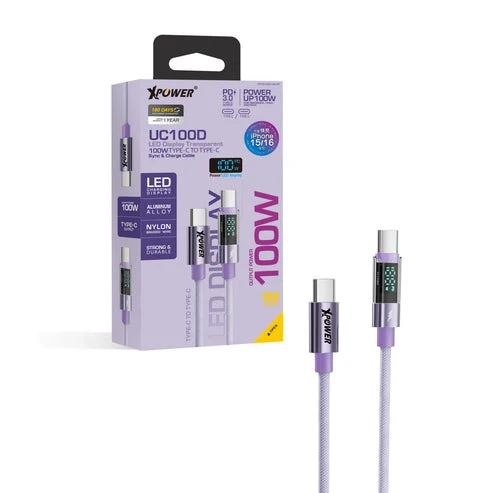 كابل مزامنة وشحن إكس باور UC100D بشاشة LED - 100 واط / USB-C / طول 1 متر / بنفسجي