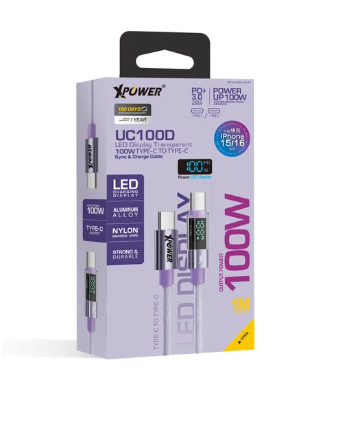 كابل مزامنة وشحن إكس باور UC100D بشاشة LED - 100 واط / USB-C / طول 1 متر / بنفسجي