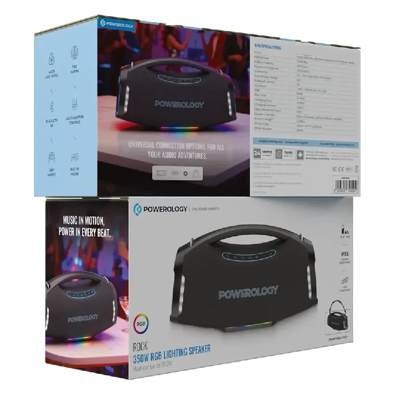 مكبر صوت باورولوجي روك بإضاءة RGB، 350 واط، 16000 مللي أمبير، بلوتوث، أسود