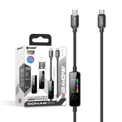 كابل إكس باور سونار SR240 للمزامنة والشحن بشاشة TFT وهيكل من سبائك الزنك - 240 واط / USB-C / رمادي