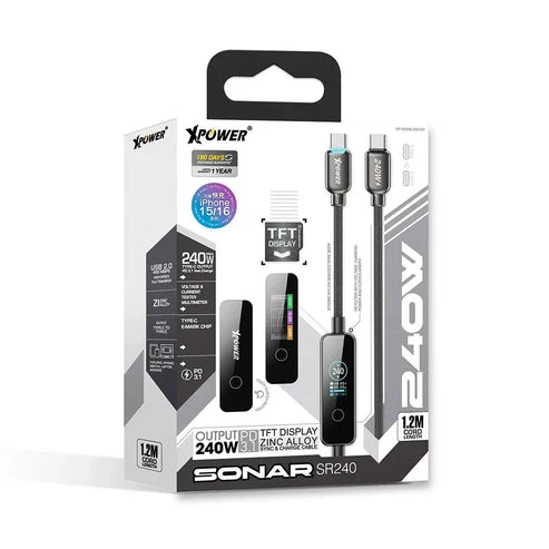 كابل إكس باور سونار SR240 للمزامنة والشحن بشاشة TFT وهيكل من سبائك الزنك - 240 واط / USB-C / رمادي
