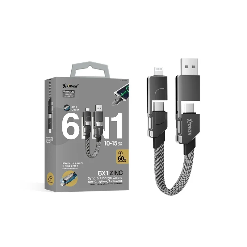Xpower 6-in-1 Sync & Charge Mini Cable - 0.15 Meter / Gray