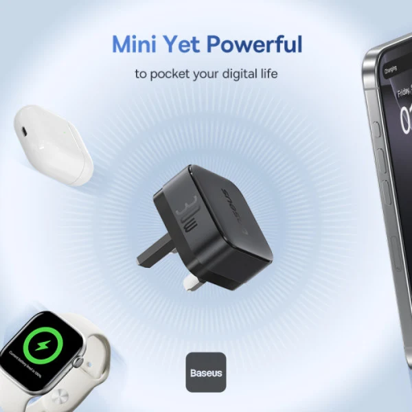 شاحن سريع بيسوس بالم مع كابل، USB-C، قدرة 30 واط، باللون الأسود كلستر