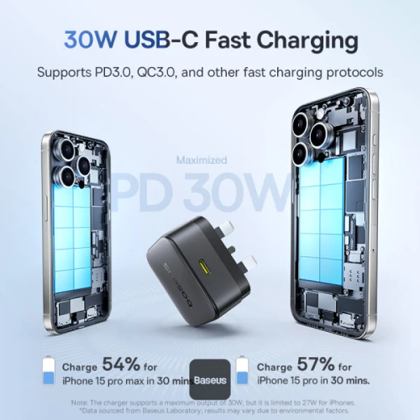 شاحن سريع بيسوس بالم مع كابل، USB-C، قدرة 30 واط، باللون الأسود كلستر