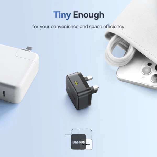 شاحن سريع بيسوس بالم مع كابل، USB-C، قدرة 30 واط، باللون الأسود كلستر