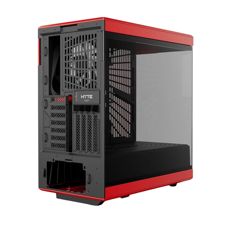 حافظة كمبيوتر هايتي Y40 بانورامية من الزجاج المقوى مع مروحتين 120 مم وحامل رأسي PCIe 4.0 مدمج ATX ميد تاور - أسود/أحمر