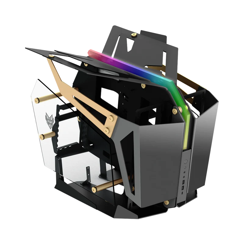 حافظة كمبيوتر ألعاب إف إس بي CMT710 T-Wings بنظام مزدوج، هيكل ATX مفتوح الإطار من نوع ميد تاور، أسود