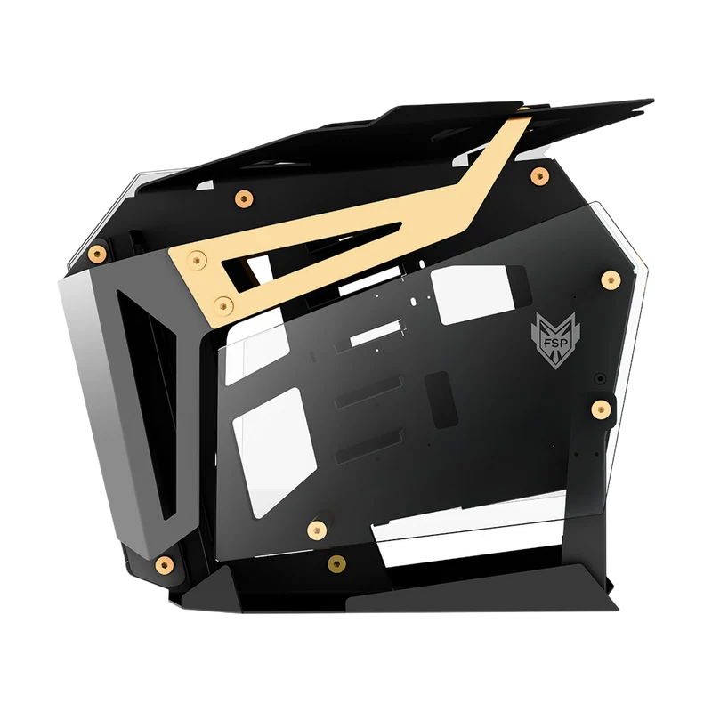 حافظة كمبيوتر ألعاب إف إس بي CMT710 T-Wings بنظام مزدوج، هيكل ATX مفتوح الإطار من نوع ميد تاور، أسود