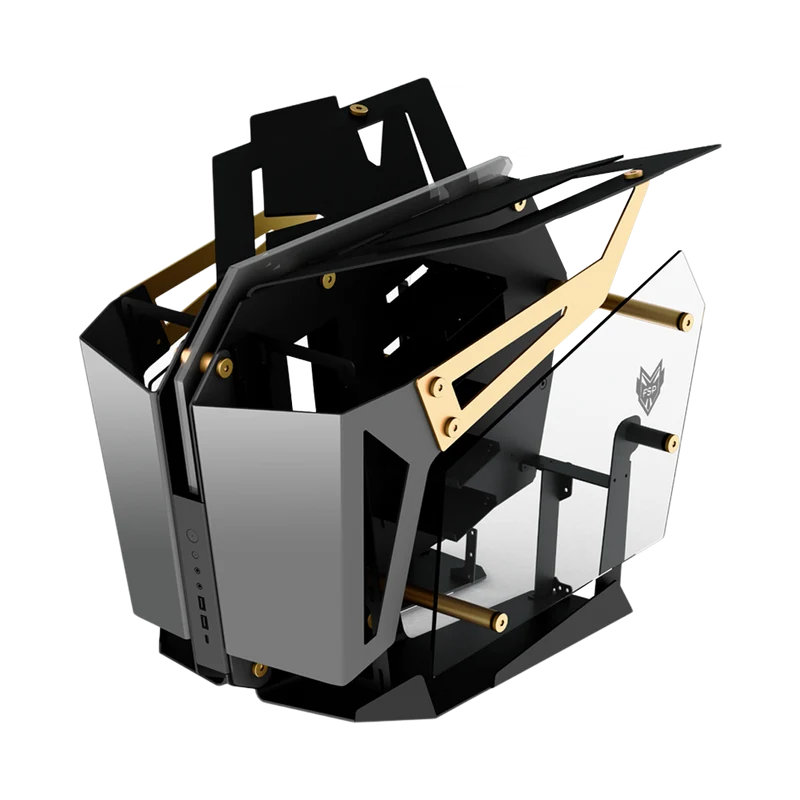 حافظة كمبيوتر ألعاب إف إس بي CMT710 T-Wings بنظام مزدوج، هيكل ATX مفتوح الإطار من نوع ميد تاور، أسود