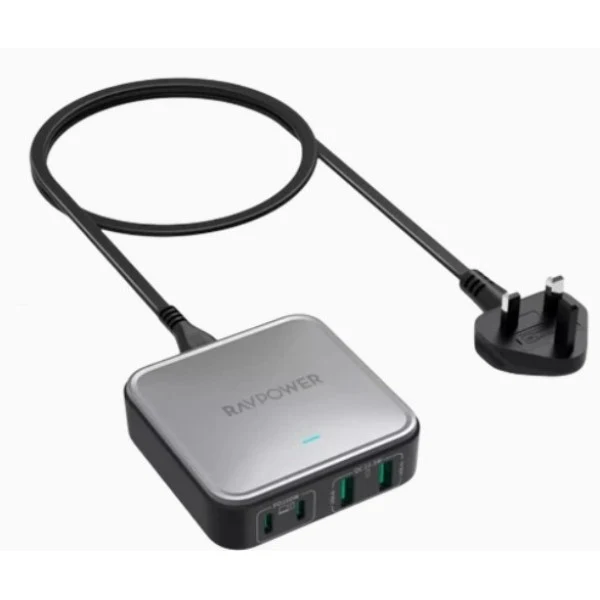 شاحن مكتبي راف باور RP-PC1042 بأربعة منافذ وتقنيتي GaN وPD - ‏100 واط / USB-C / USB-A / أسود
