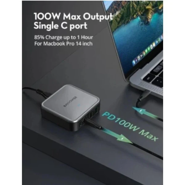 شاحن مكتبي راف باور RP-PC1042 بأربعة منافذ وتقنيتي GaN وPD - ‏100 واط / USB-C / USB-A / أسود